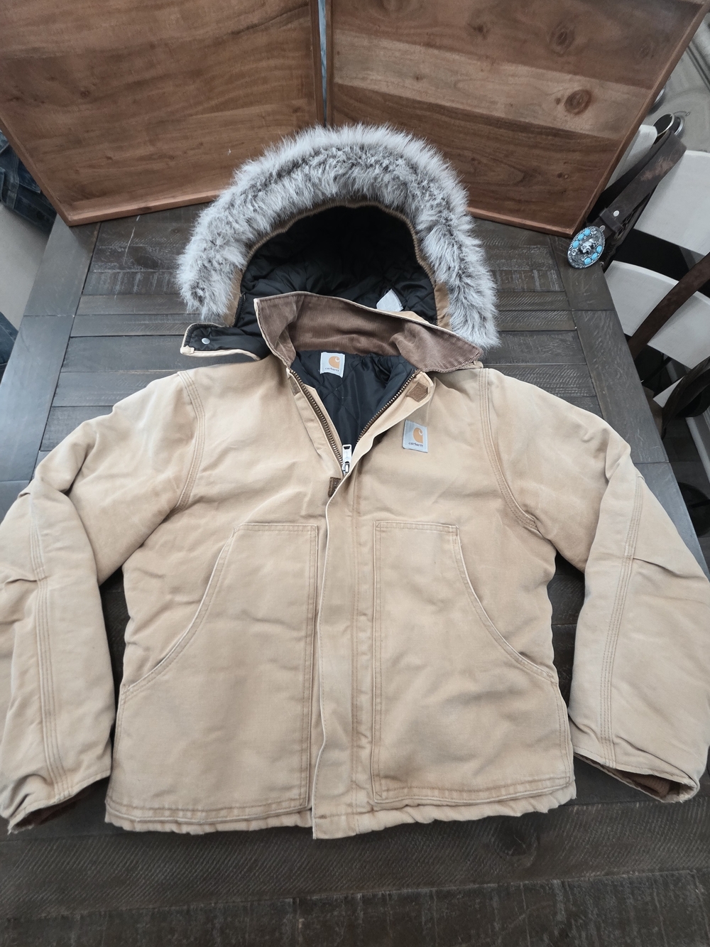 Carhartt Men’s Tan Hooded Puffer Jacket with Faux-Fur Trim